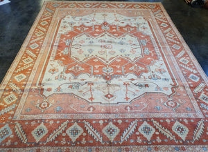 handmade turkish serapi rug, coral salmon beige colored