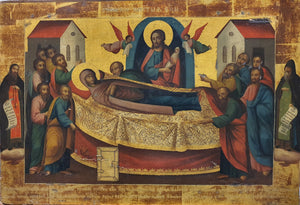 Depiction of The Feast of the Dormition of the Theotokos which commemorates the death, resurrection and glorification of the Mother of God