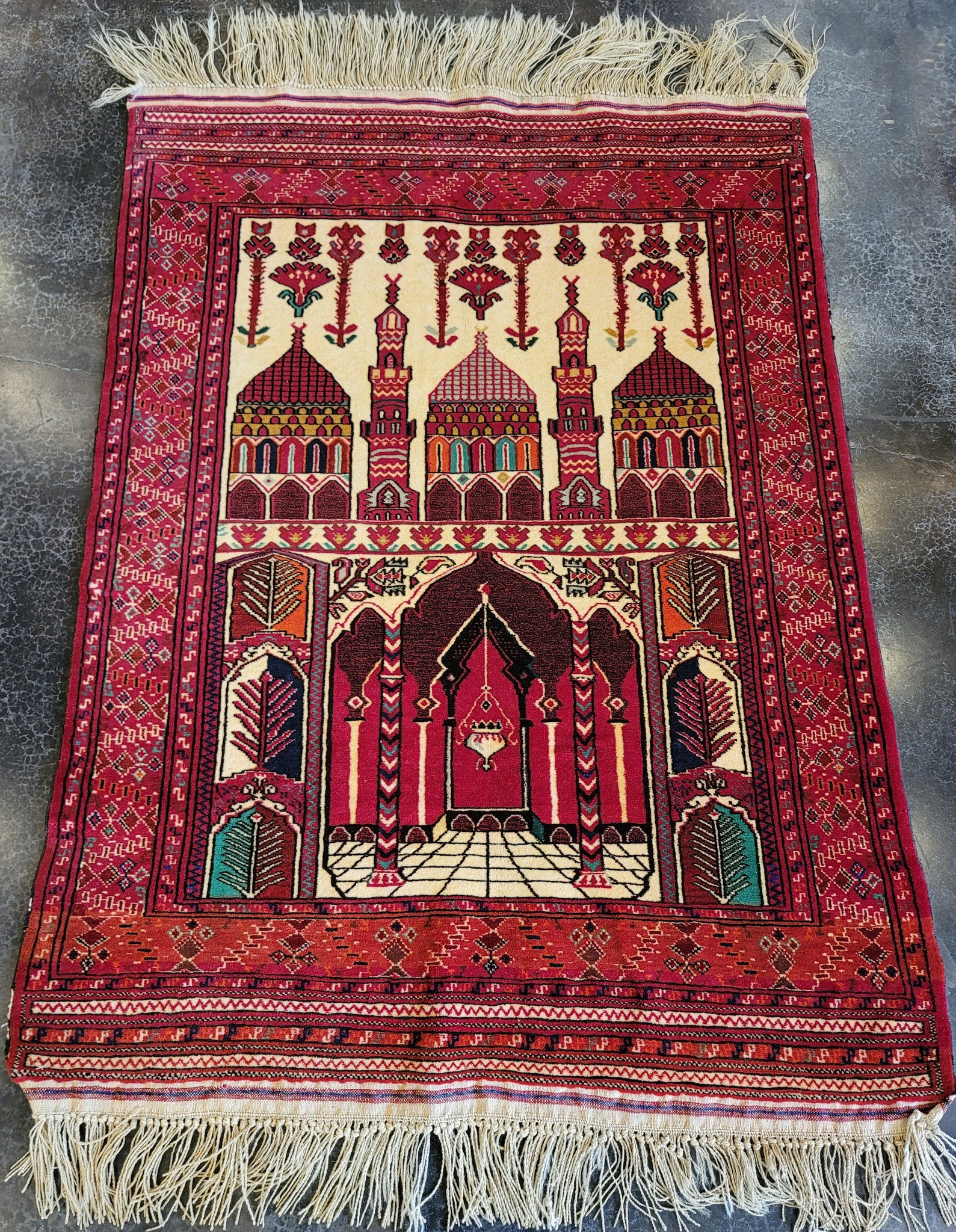 persian turkmen rug handmade mihrab design red pink beige