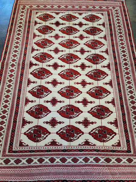 handmade wool pile on silk turkmen rug red ivory beige