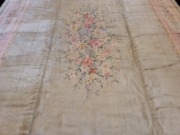 antique Spanish Savonnerie rug beige cream floral