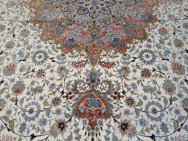 persian tabriz carpet details ivory cream beige floral blue orange