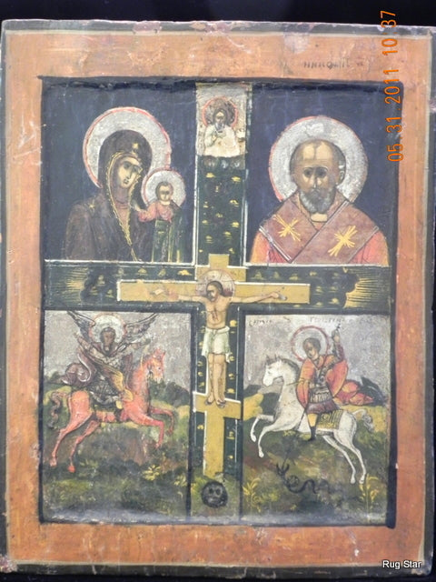 Russian Orthodox ICON Kazan Mother of God, St. Nicholas, St. George, and St. Michael. 