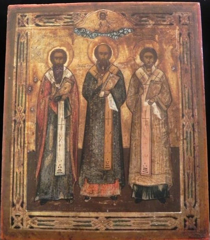 Antique Authentic Russian Religious Icon Depicting The Three Hierarchs